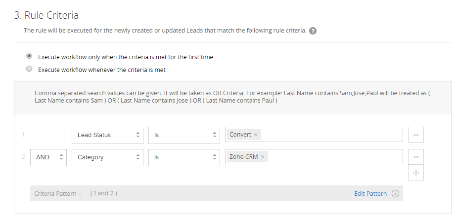 Selecting the criteria to automaically convert a Lead in Zoho CRM