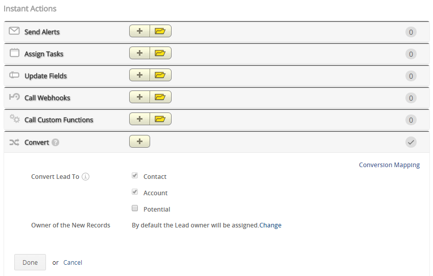 When the Workflow is triggered, you need to select the Instant Action Convert to automatically convert the Lead in Zoho CRM